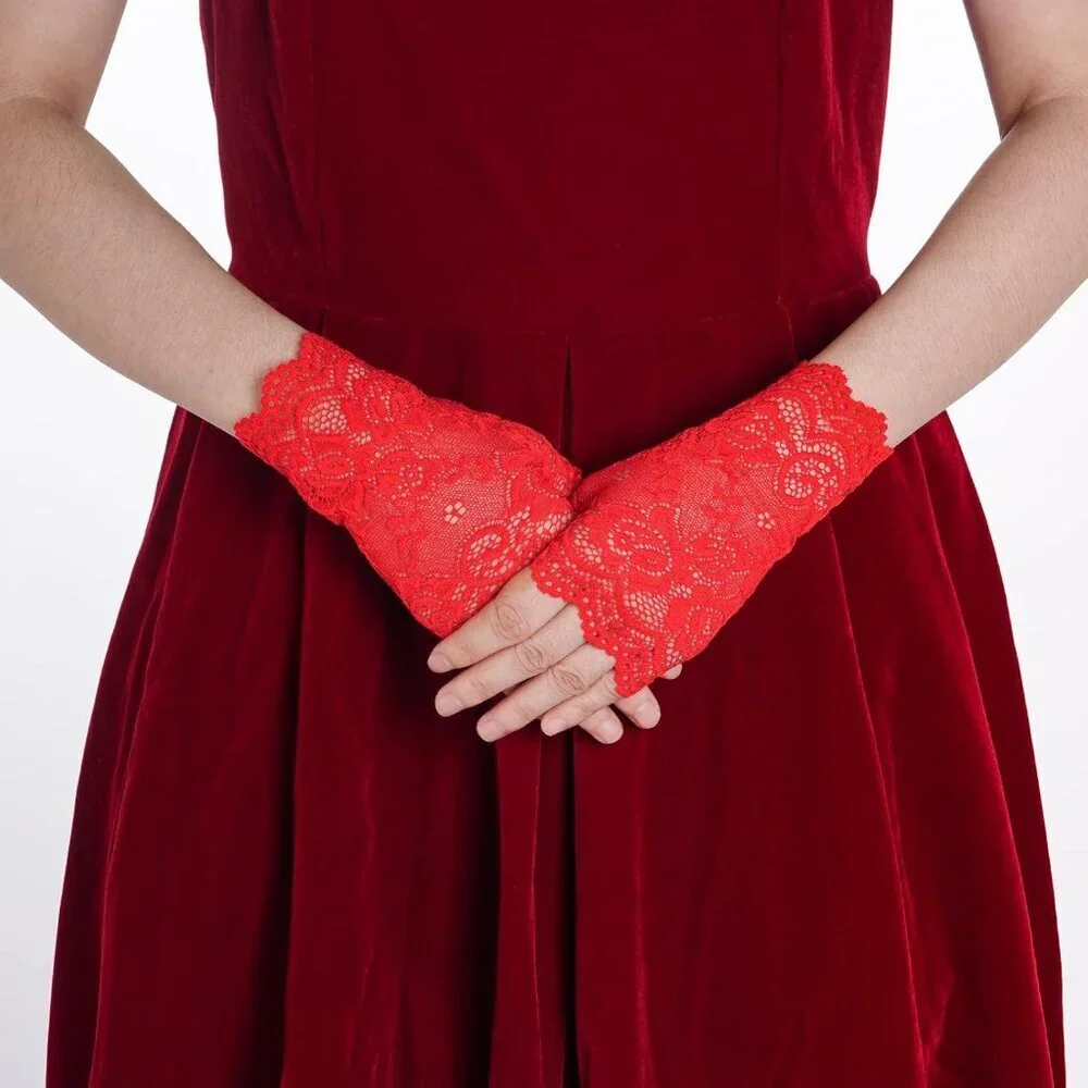 Women's 2 Pairs Red Lace Fingerless Gloves Party Prom Costume Accessories